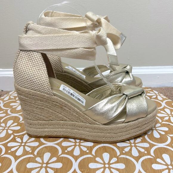 NWT Cole Haan Cloudfeel Hampton ankle tie espadrille wedge sandal in Gold - Picture 8 of 13
